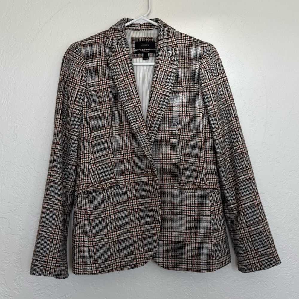 J. Crew wool blazer. Brown, rust, black plaid. Gold buttons, yellow under collar